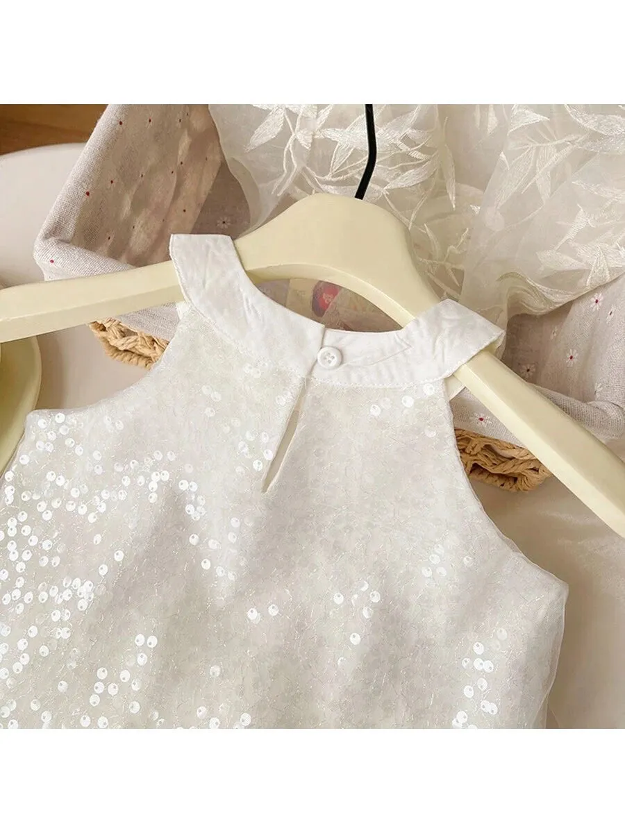 2024 Summer New Arrival Sparkle Decor Sleeveless Top And Skirt Set For Little Girls