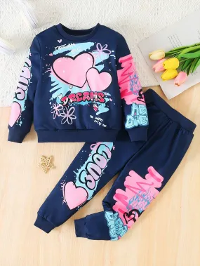 2pcs Girls Casual Graffiti Printed Loose Fit Crew Neck Long Sleeve Sports Sweatshirt Set, Suitable For Outdoor Activities & Everyday Wear, Autumn