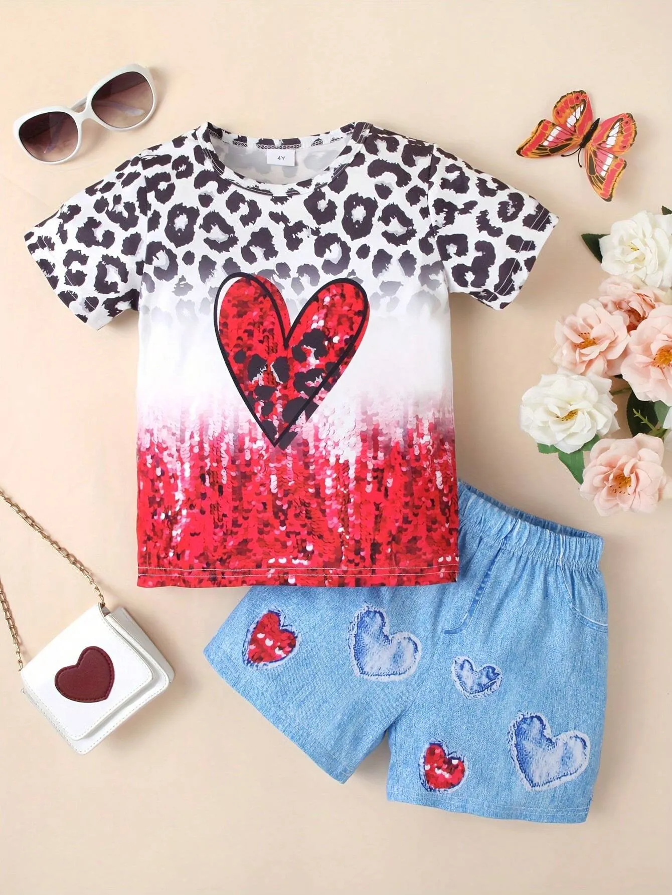 2pcs Girls' Heart Leopard Print Shiny Graphic Short Sleeve T-Shirt And Denim Shorts Set, Summer