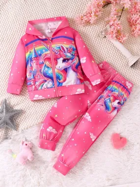 2pcs Girls Unicorn Digital Print Zip-Up Jacket And Pants Set