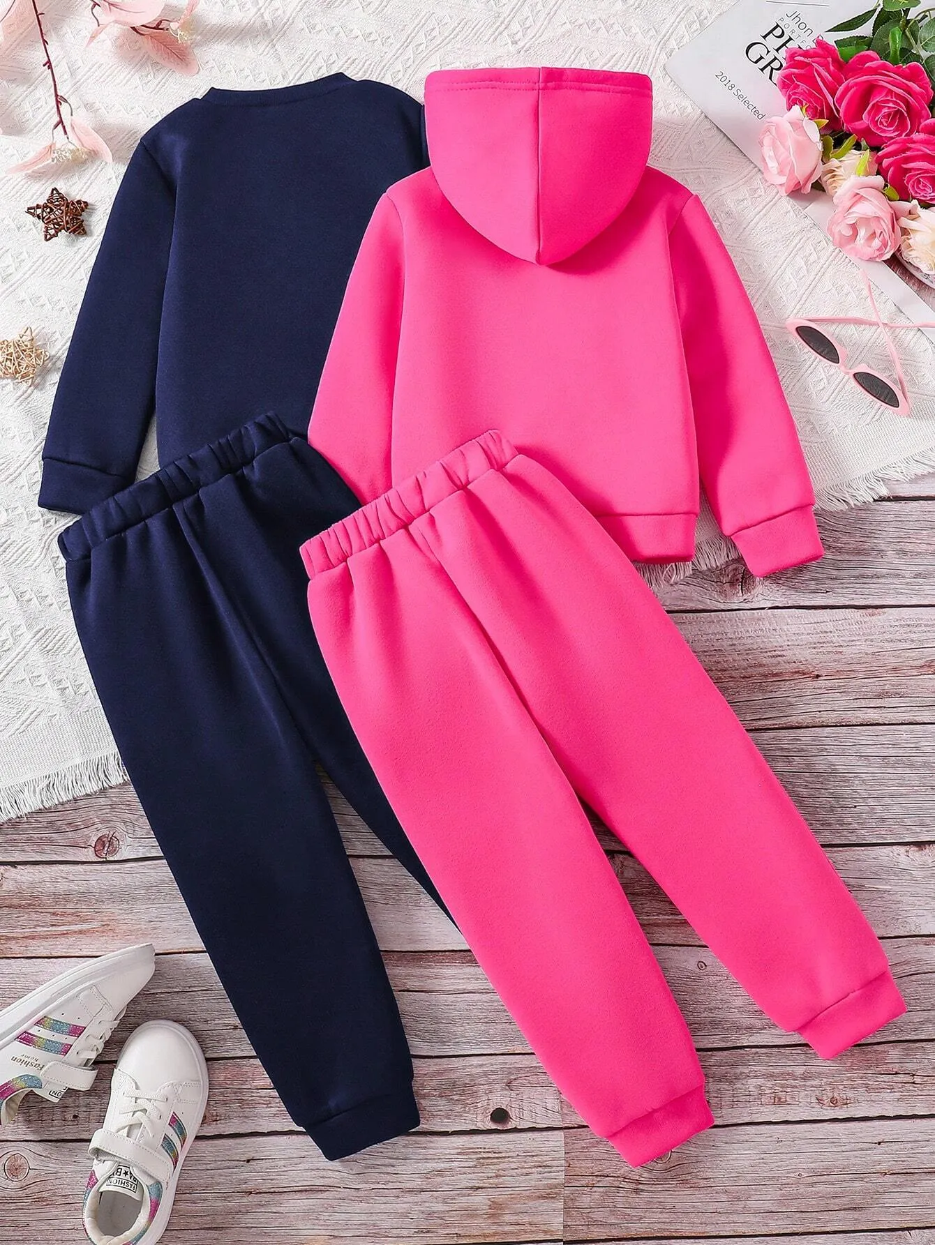 2pcs Toddler Cartoon Pattern Print Crew Neck Sweatshirt And Hooded Sweatshirt With Sweatpants Set