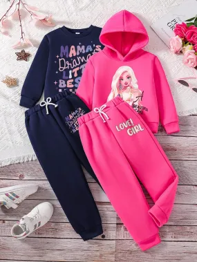 2pcs Toddler Cartoon Pattern Print Crew Neck Sweatshirt And Hooded Sweatshirt With Sweatpants Set