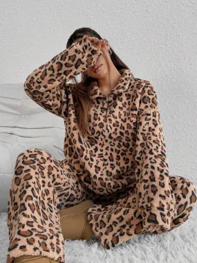 2pcs Women Leopard Print Fuzzy Long Sleeve Shirt And Long Pants Set