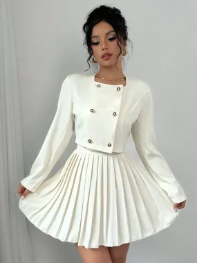 2pcs Women's Button Up Long Sleeve Top And Elegant Pleated Skirt Set