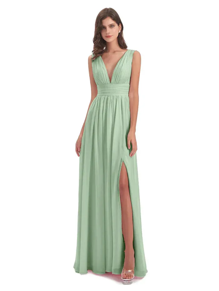 A-Line Floor Length Deep V Neck Chiffon Bridesmaid Dresses With Slit