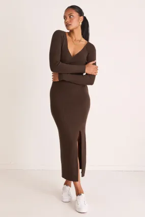 Another Dark Khaki Wrap Rib Knit Maxi Dress