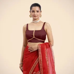 Arya x Tyohaar | Burgundy Sleeveless FlexiFit™ Saree Blouse with Square Neck and Back Window Embeliished with Golden Gota and Pearl Lace