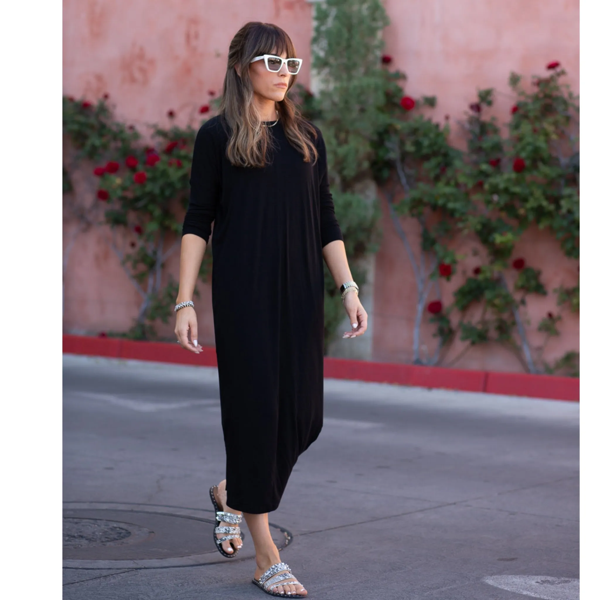 Black Dolman Sleeve Rib Maxi Dress By Adina LV