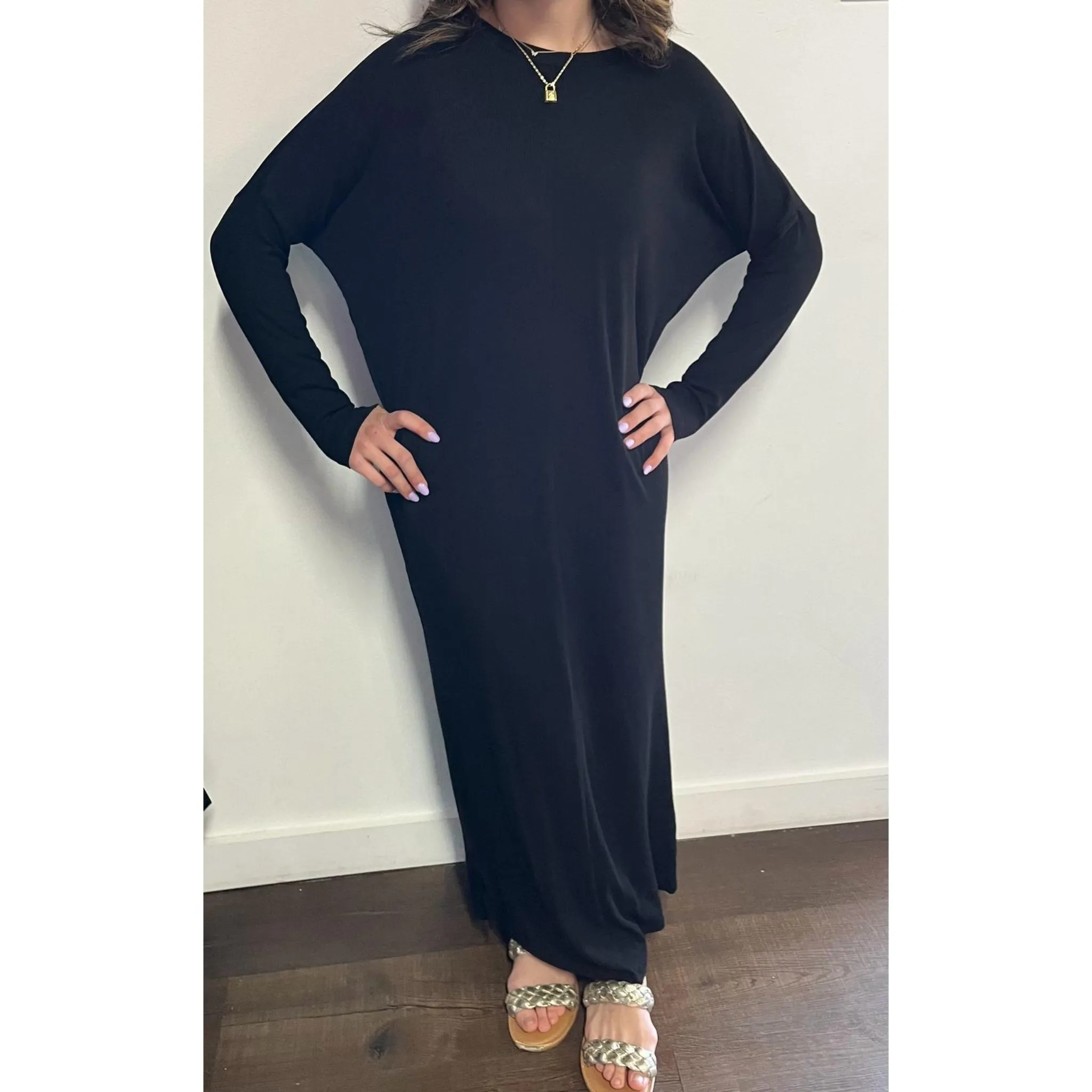 Black Dolman Sleeve Rib Maxi Dress By Adina LV