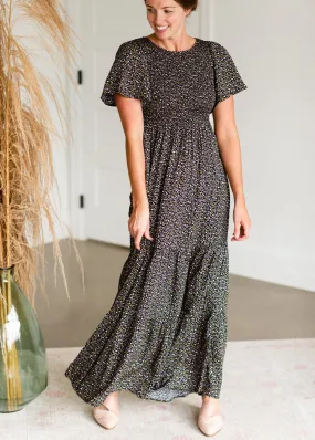 Black Smocked Flutter Sleeve Floral Maxi Dress - FINAL SALE