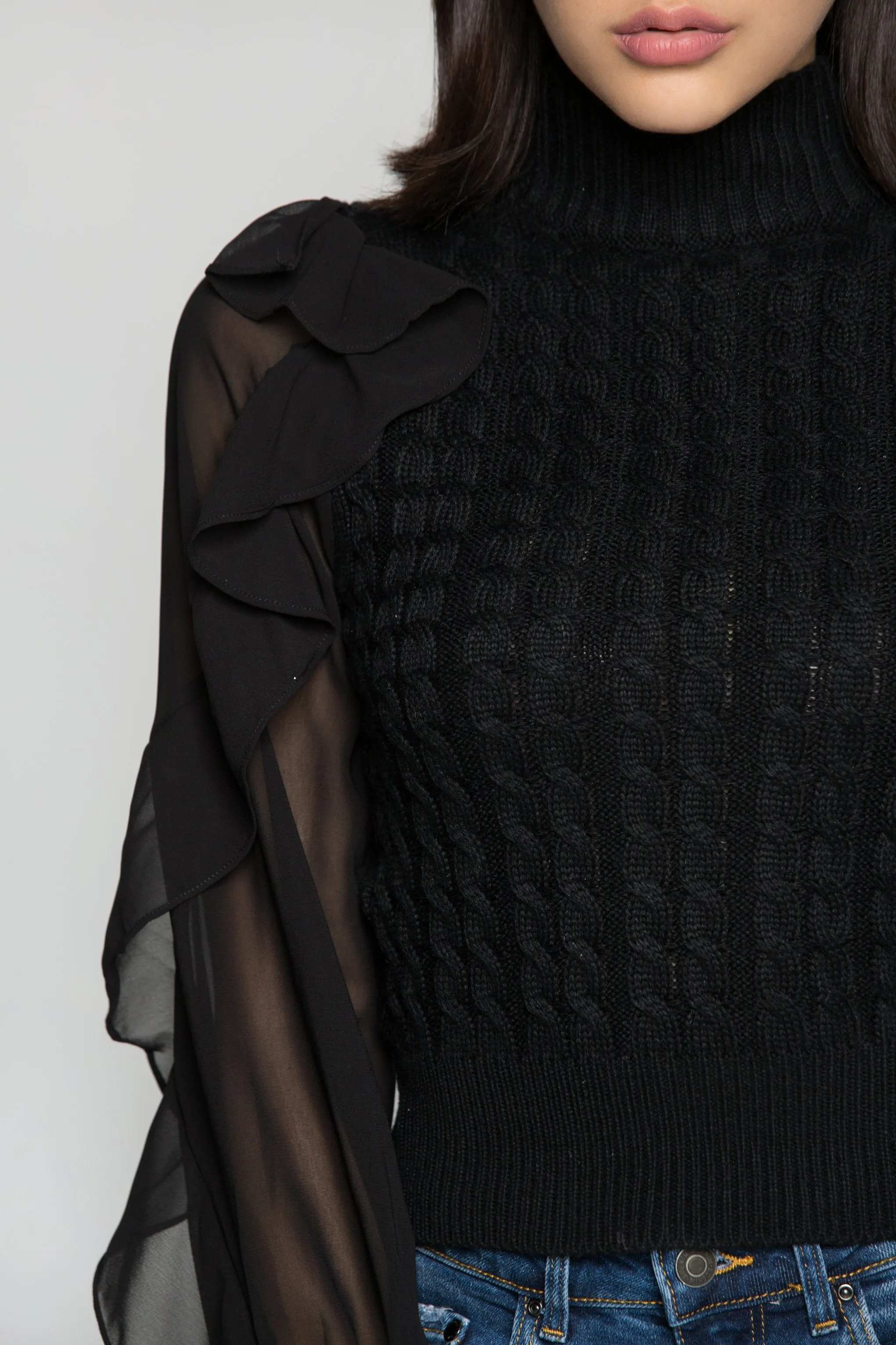 Black Turtle neck Sheer Sleeves Woollen Top