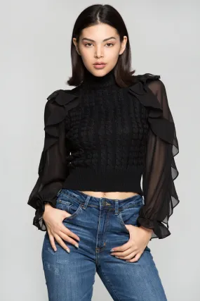 Black Turtle neck Sheer Sleeves Woollen Top