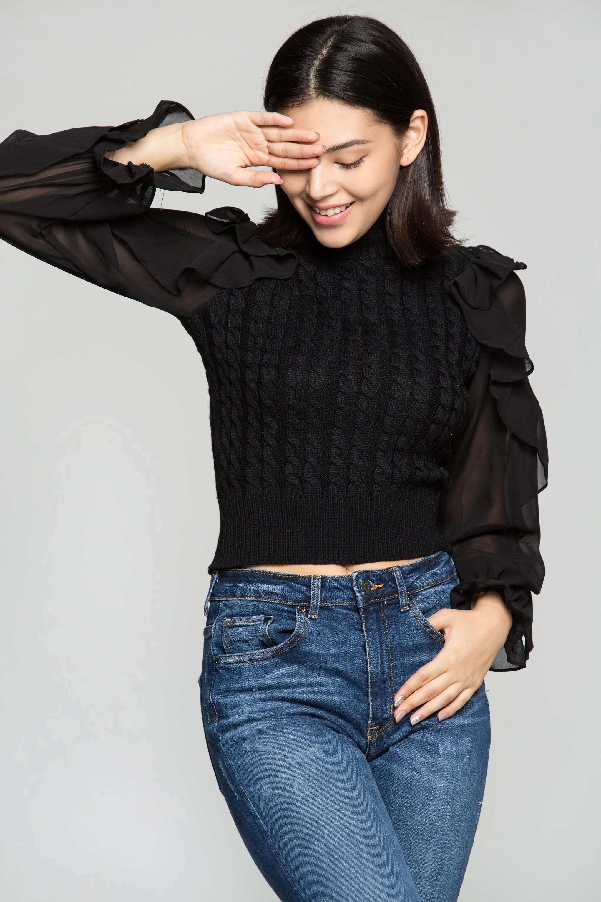 Black Turtle neck Sheer Sleeves Woollen Top