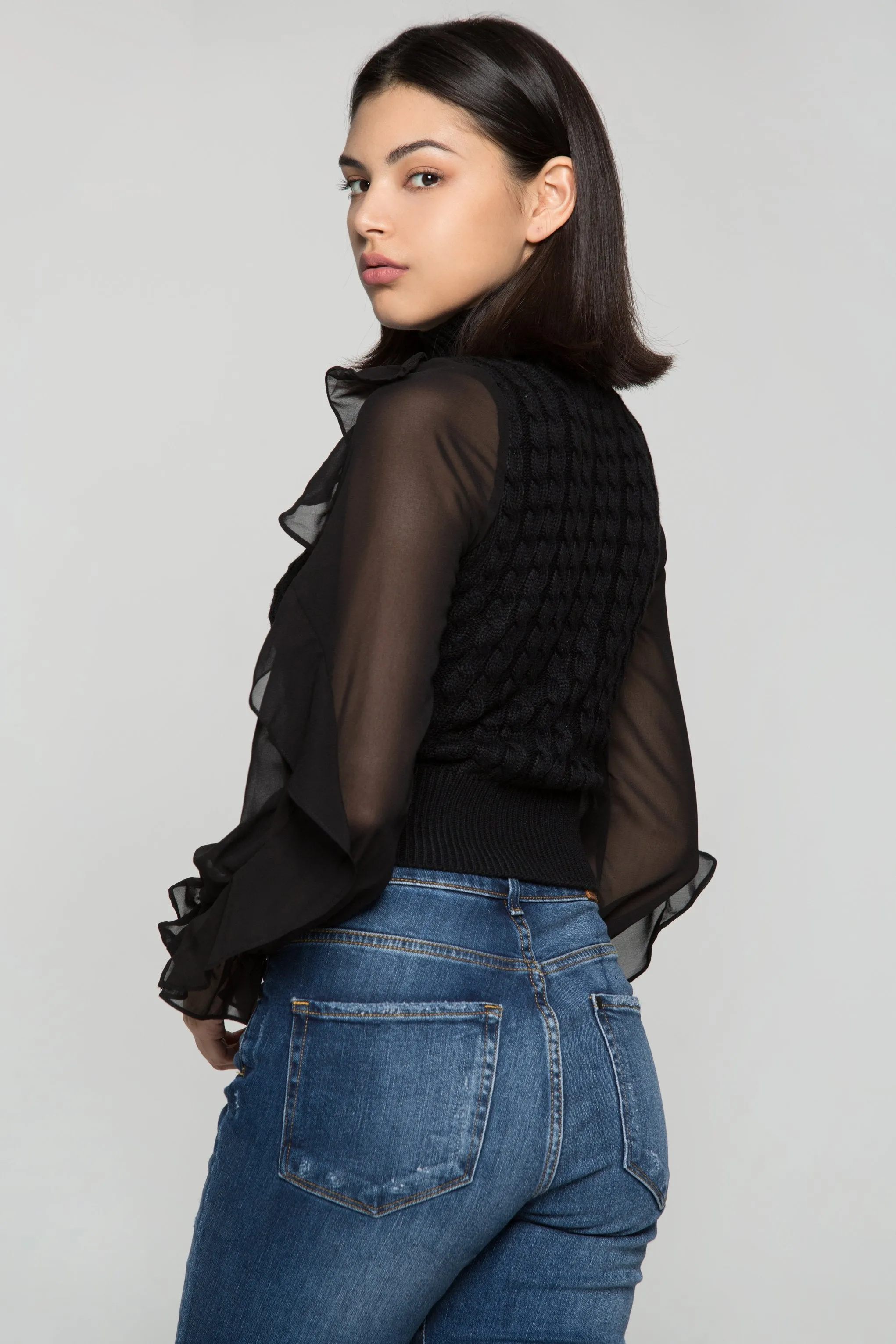 Black Turtle neck Sheer Sleeves Woollen Top