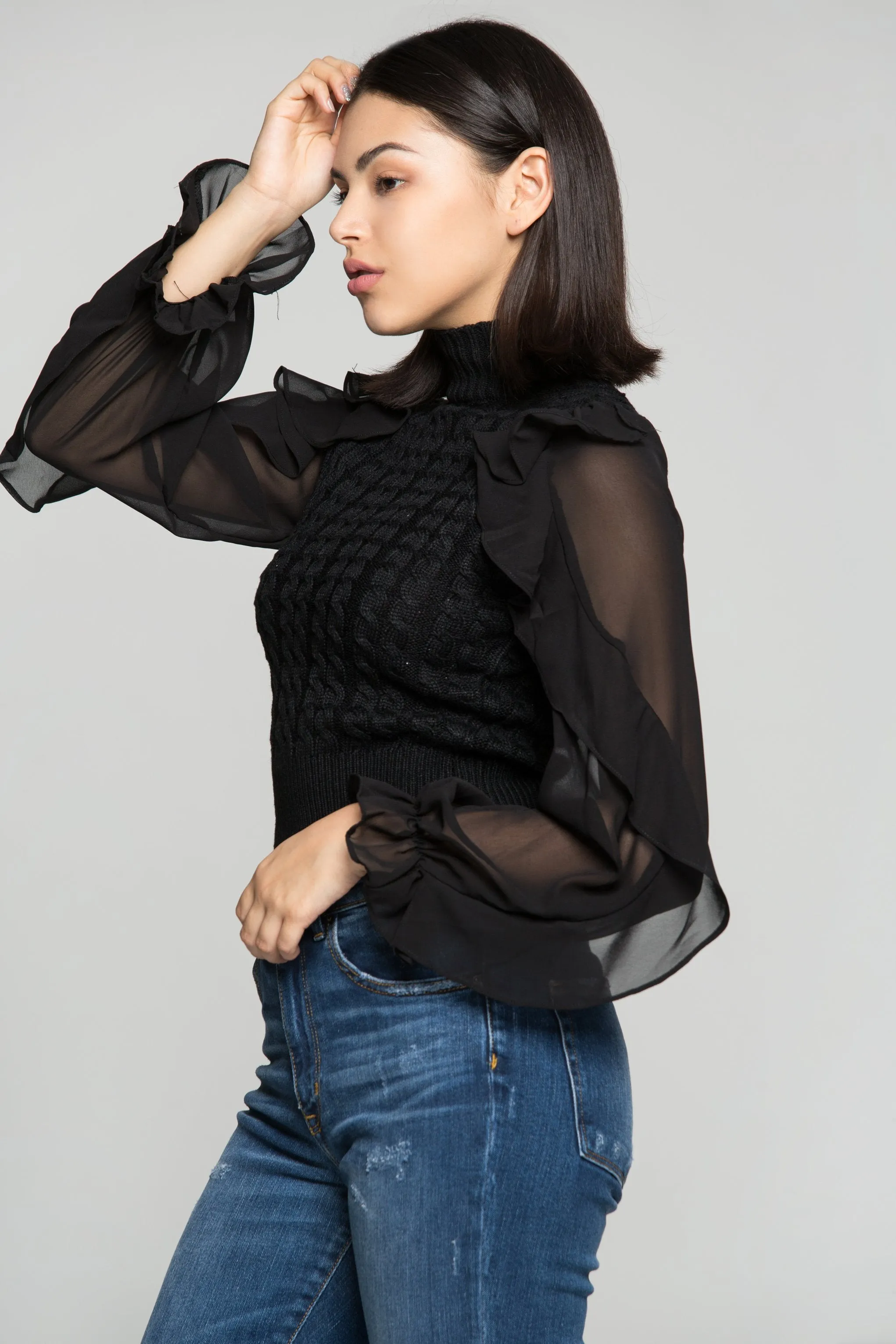 Black Turtle neck Sheer Sleeves Woollen Top