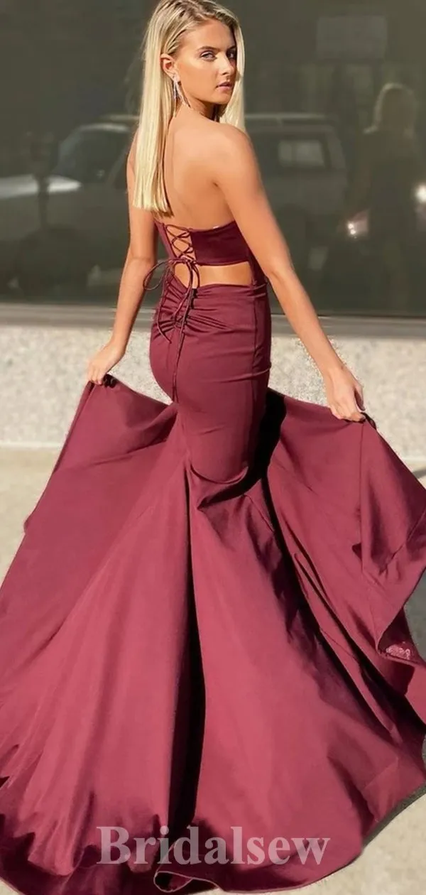 Burgundy Custom Strapless Elegant Mermaid Long Evening Prom Dresses PD1204