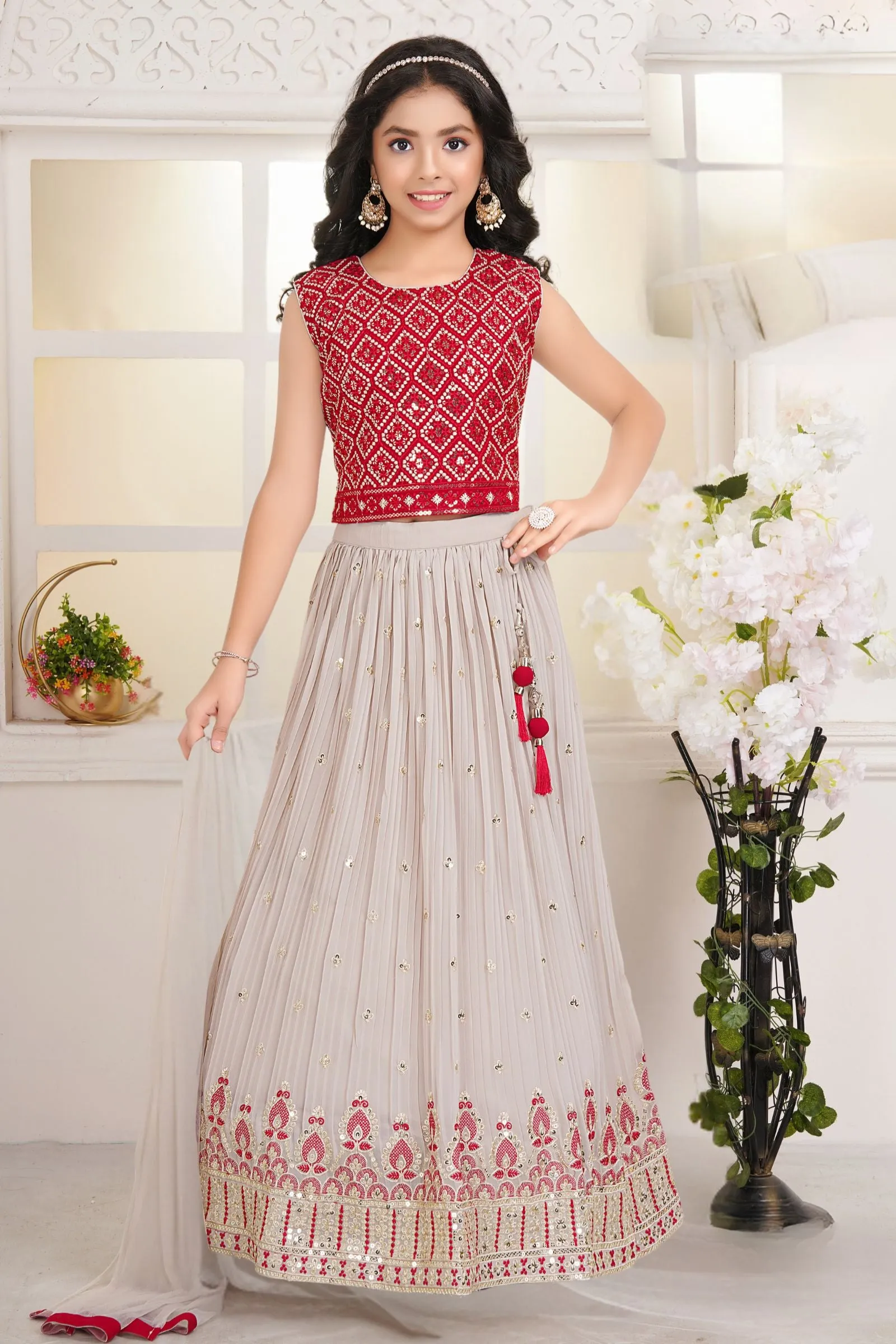 Cherry Red with Light Beige Thread and Sequins work Lehenga Choli for Girls