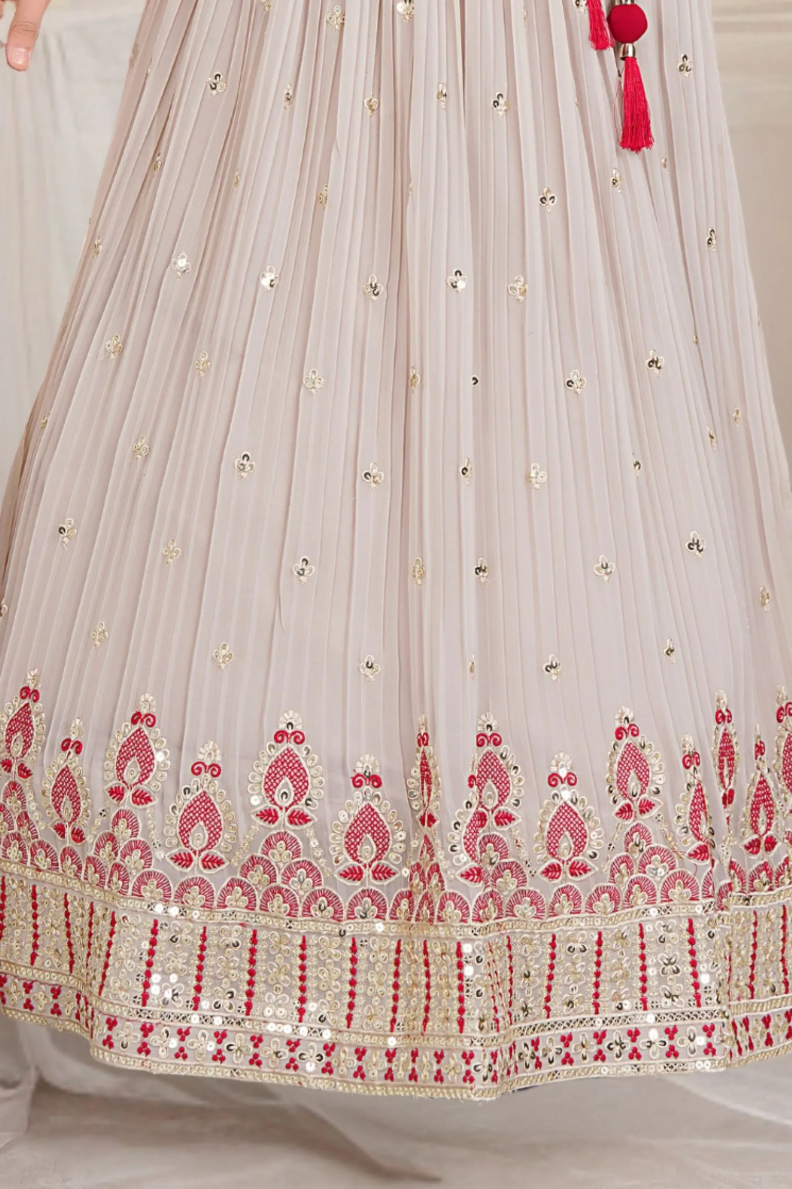 Cherry Red with Light Beige Thread and Sequins work Lehenga Choli for Girls