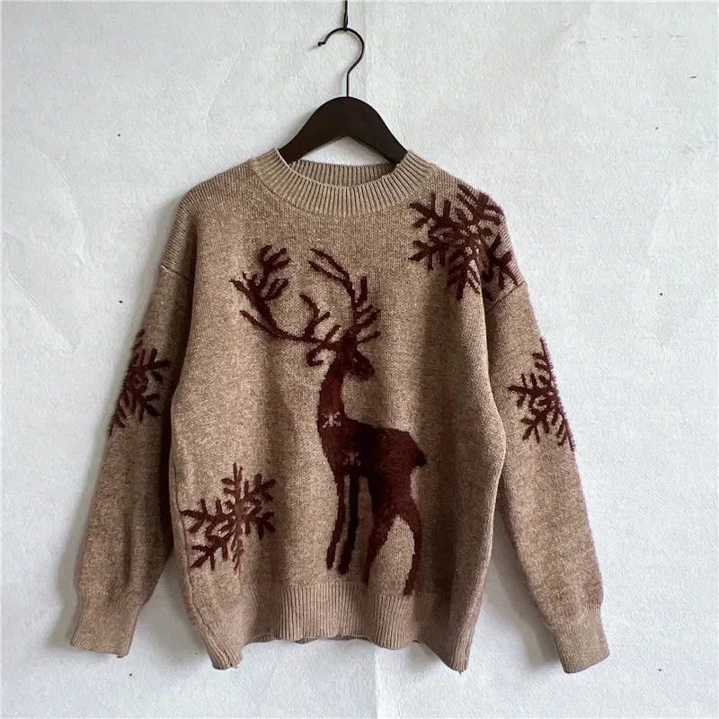 Christmas Sweater Woman Snow Deer Soft Knitted O-Neck Long Sleeve Pullovers Female Loose Warm Knitwear Jumper New Year Clothes