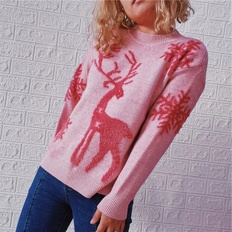 Christmas Sweater Woman Snow Deer Soft Knitted O-Neck Long Sleeve Pullovers Female Loose Warm Knitwear Jumper New Year Clothes