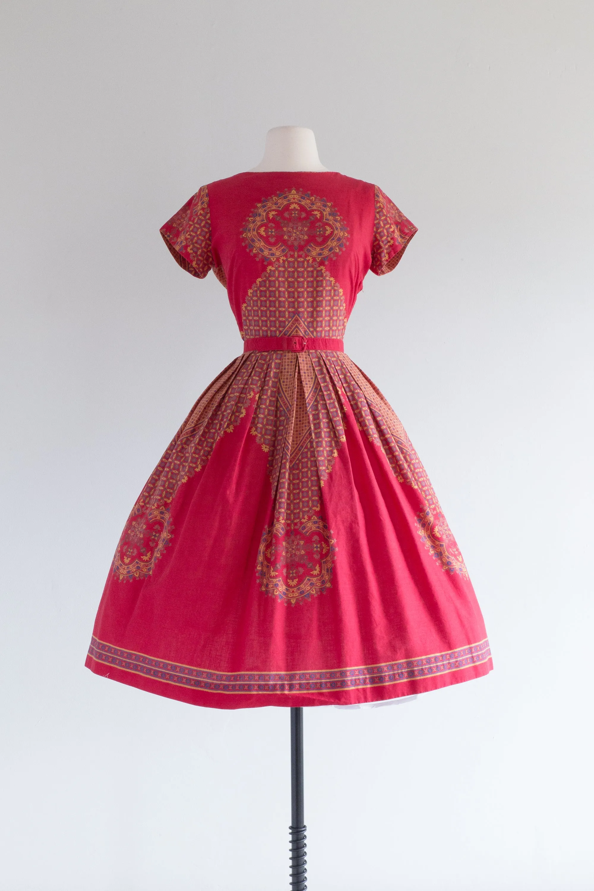 Classic 1950's Red Cotton Print Day Dress By Wildman / Medium