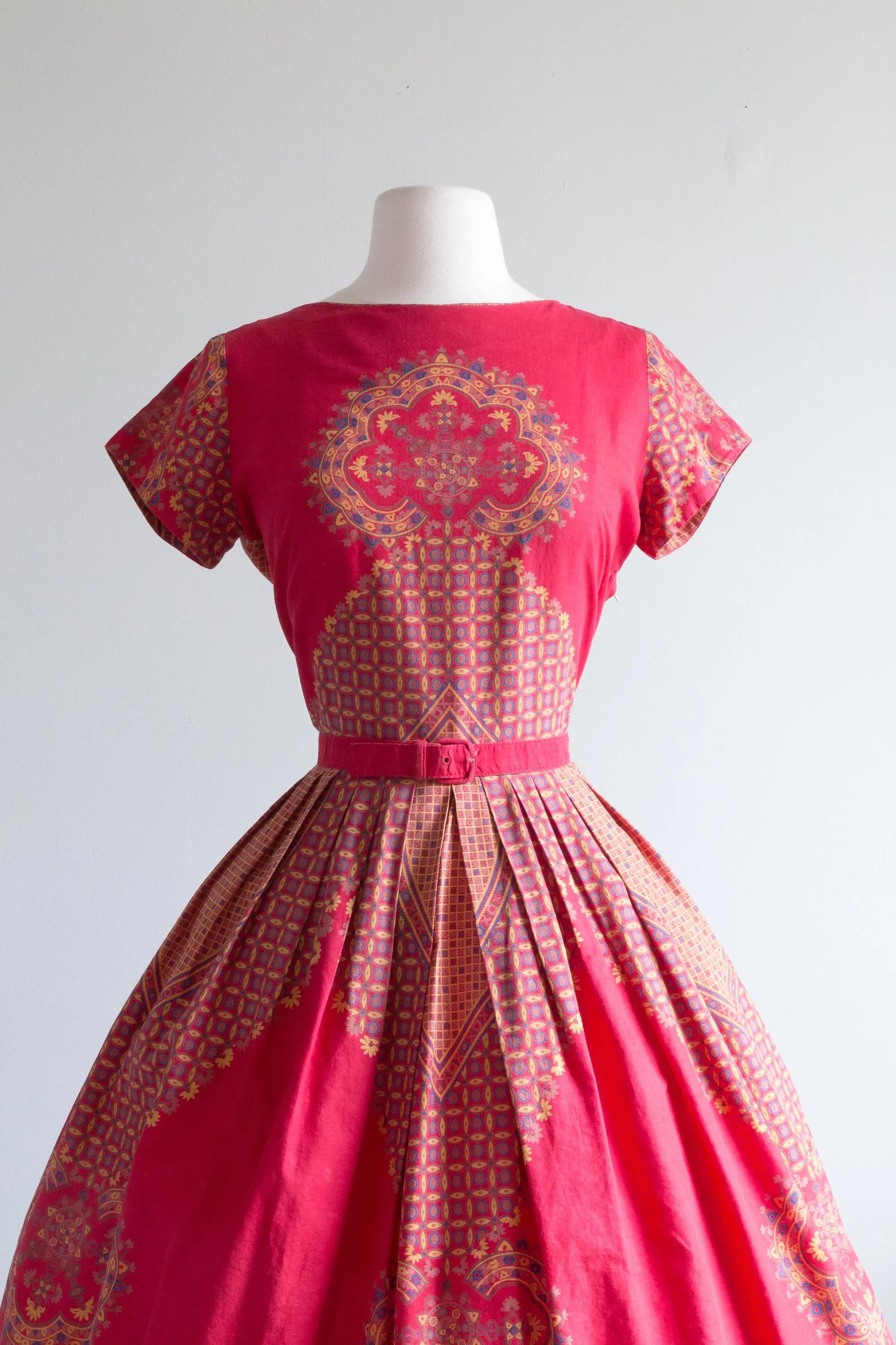 Classic 1950's Red Cotton Print Day Dress By Wildman / Medium