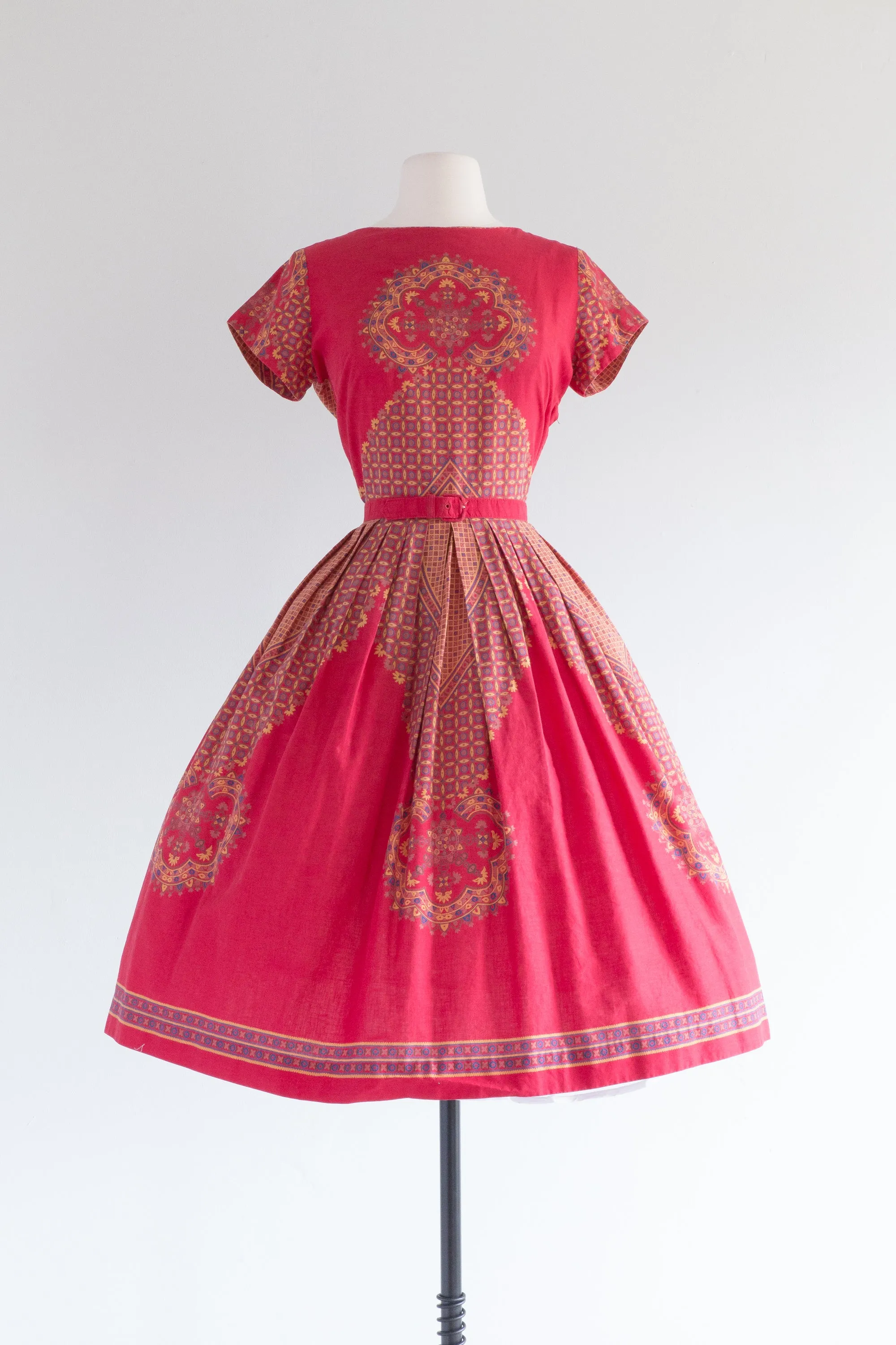 Classic 1950's Red Cotton Print Day Dress By Wildman / Medium