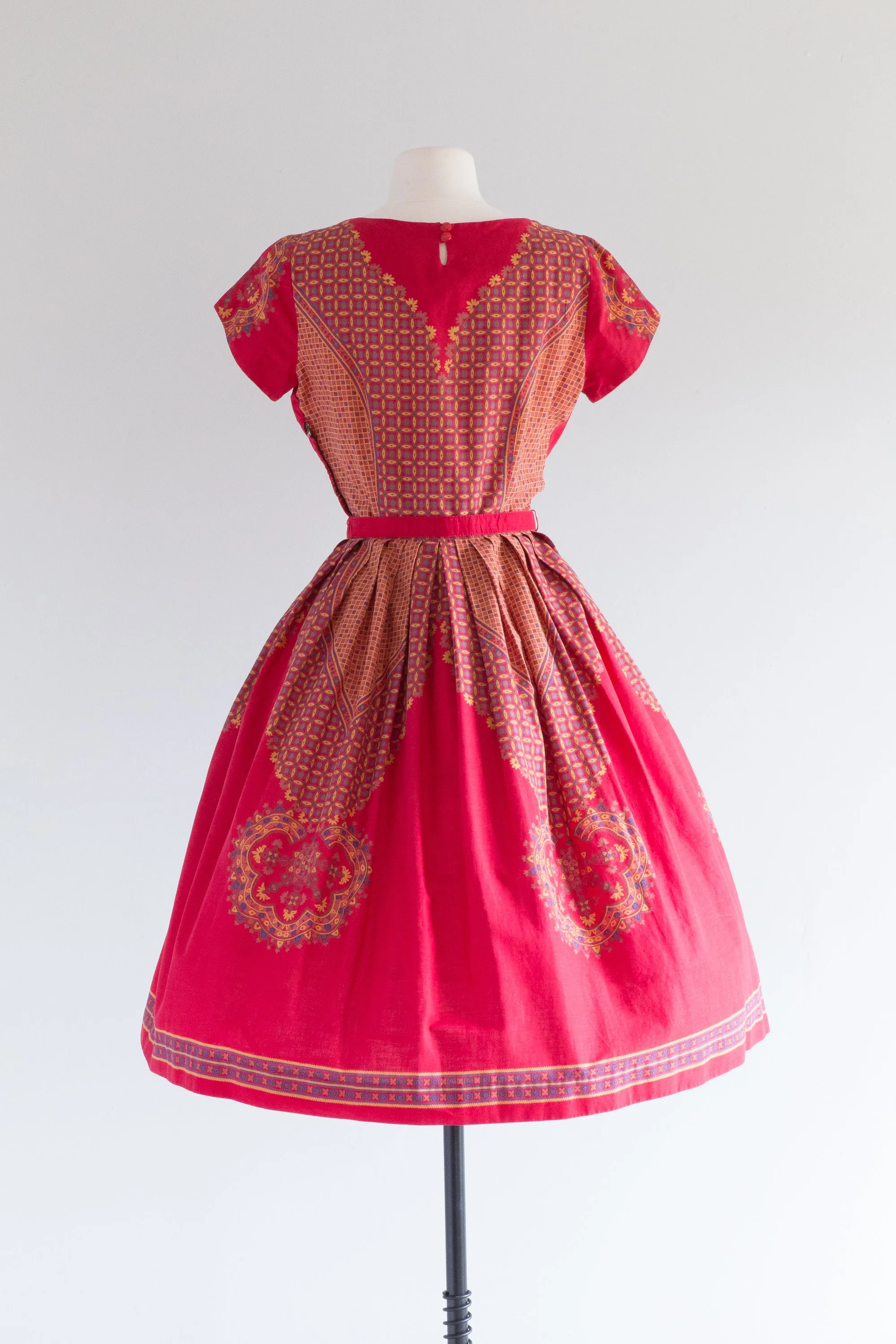 Classic 1950's Red Cotton Print Day Dress By Wildman / Medium