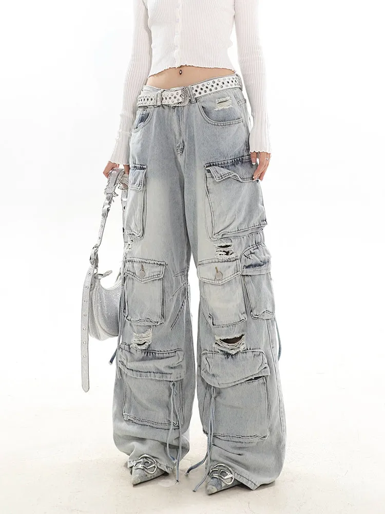 Distressed Wide-Leg Denim Cargo Jean Pants