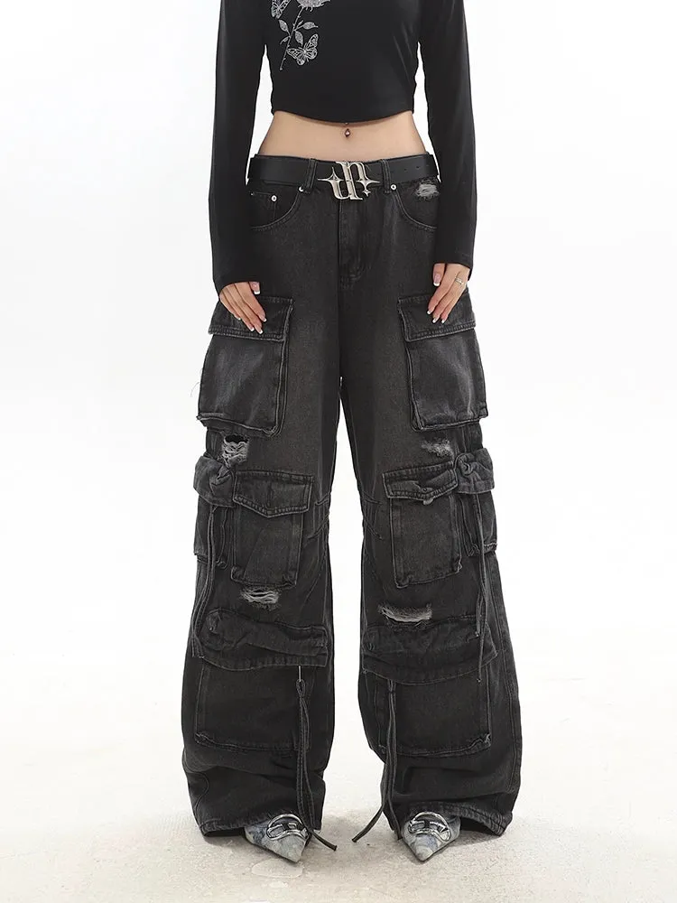 Distressed Wide-Leg Denim Cargo Jean Pants