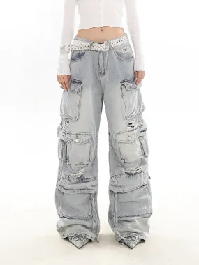 Distressed Wide-Leg Denim Cargo Jean Pants