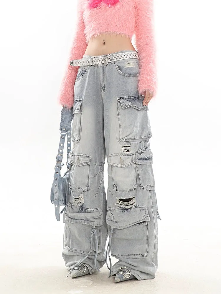 Distressed Wide-Leg Denim Cargo Jean Pants