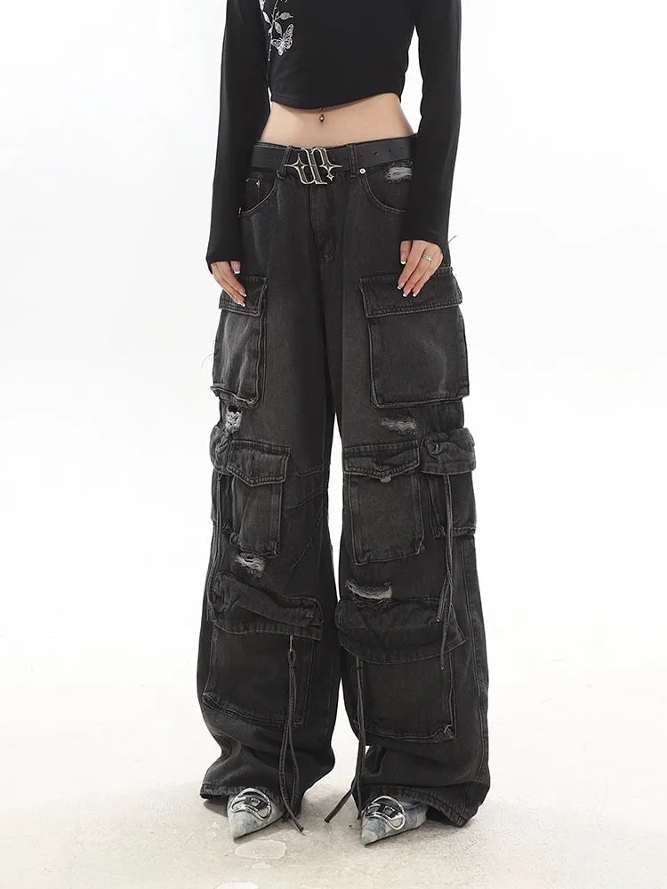 Distressed Wide-Leg Denim Cargo Jean Pants