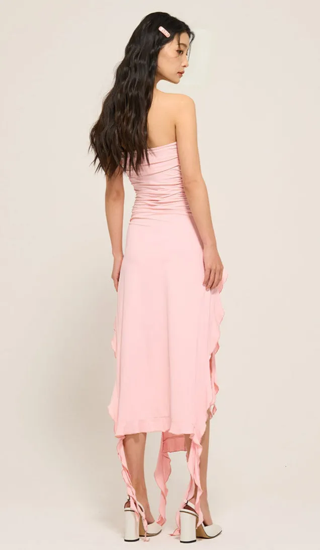 Double Split Ruffle Midi Tube Dress