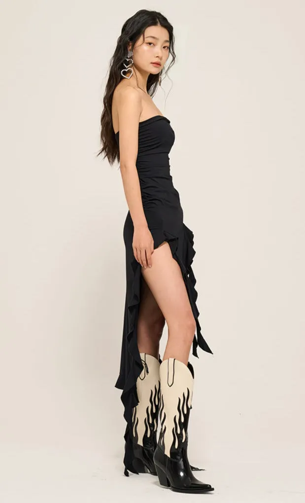 Double Split Ruffle Midi Tube Dress