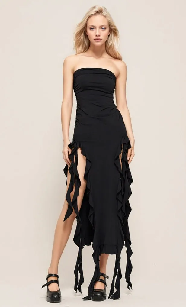 Double Split Ruffle Midi Tube Dress