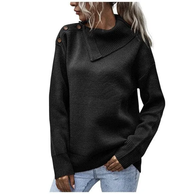 DressBetty - Winter Warm Women Fashion Solid Color Button Turtleneck Causal Loose Long Sleeves Socket Sweater Pullovers Tops Pull Femme