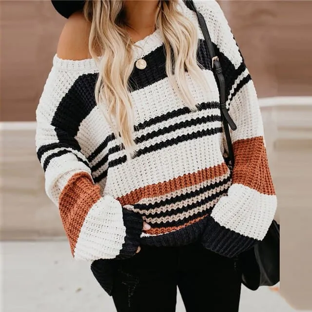 DressBetty - Women Knitted Hoodie Fashion Lovely Chic Preppy Harajuku Long Sleeve O-Neck Striped Color Block Girls Pullover Loose Knitwear