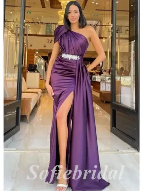 Elegant Satin One Shoulder Sleeveless Side Slit Mermaid Long Prom Dresses With Belt And Trailing,PD0802