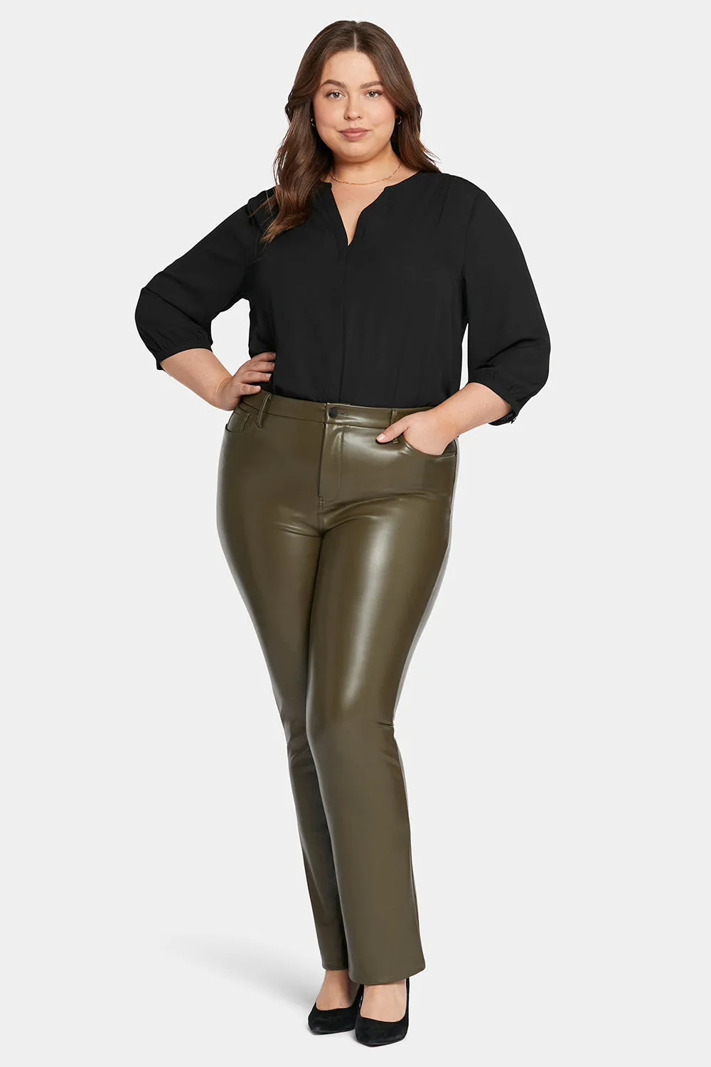 Faux Leather Marilyn Straight Pants In Plus Size - Ripe Olive