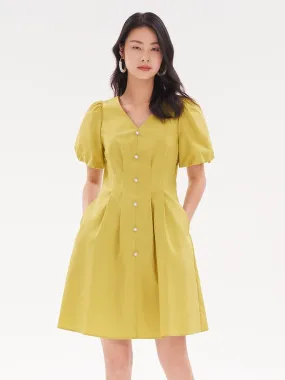 Fitted Waist & V-Neck Cotton Dress