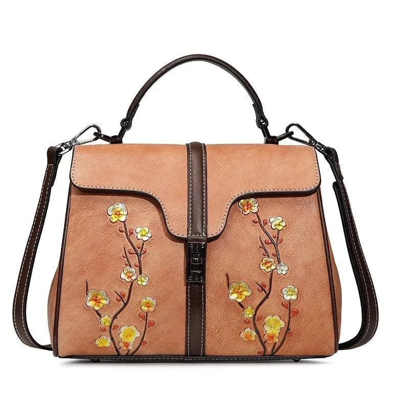 Floral Embroidery Cowhide Leather Shoulder Bag, Fashion Hand-carved Flowers Leather bag, Handcrafted Leather Crossbody Bag