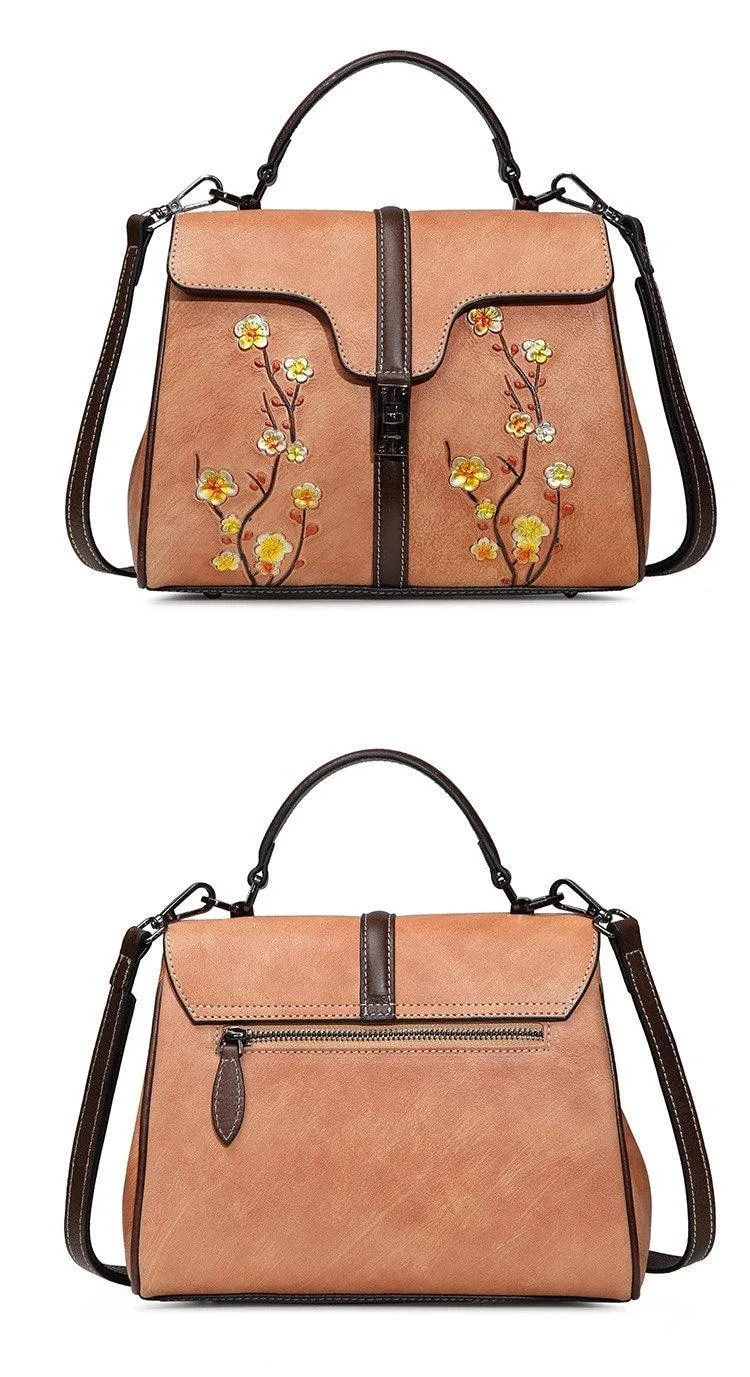 Floral Embroidery Cowhide Leather Shoulder Bag, Fashion Hand-carved Flowers Leather bag, Handcrafted Leather Crossbody Bag