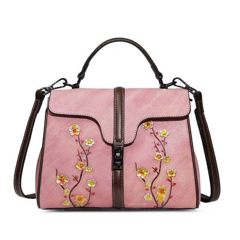 Floral Embroidery Cowhide Leather Shoulder Bag, Fashion Hand-carved Flowers Leather bag, Handcrafted Leather Crossbody Bag