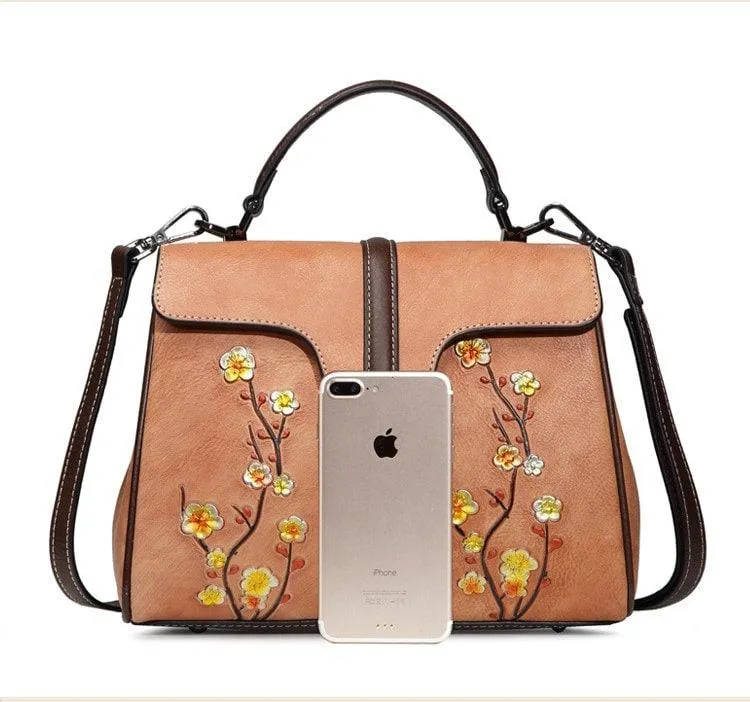 Floral Embroidery Cowhide Leather Shoulder Bag, Fashion Hand-carved Flowers Leather bag, Handcrafted Leather Crossbody Bag