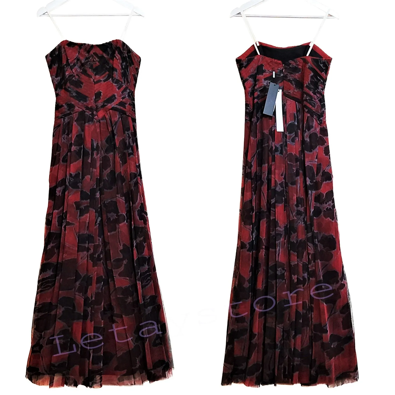 Halston Strapless Floral Printed Pleated Gown Maxi Dress