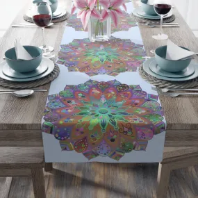 Hand-Drawn Mandala Art Table Runner - Light Blue