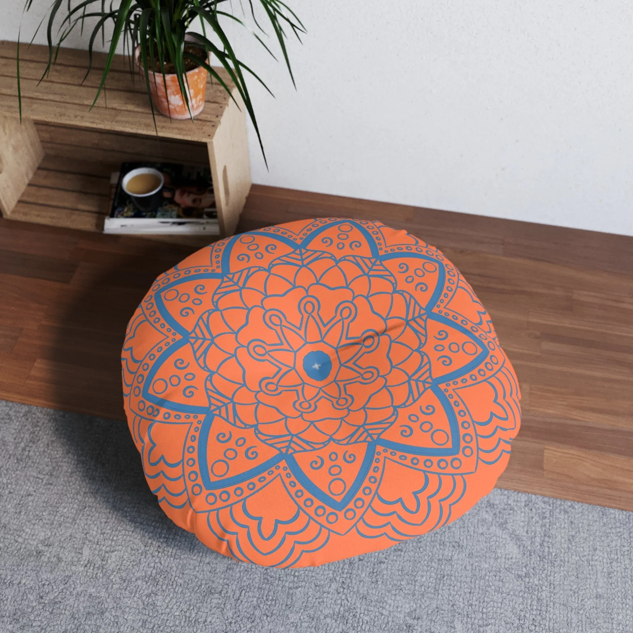 Handmade Mandala Art Floor Cushion - Steel Blue on Coral - Round