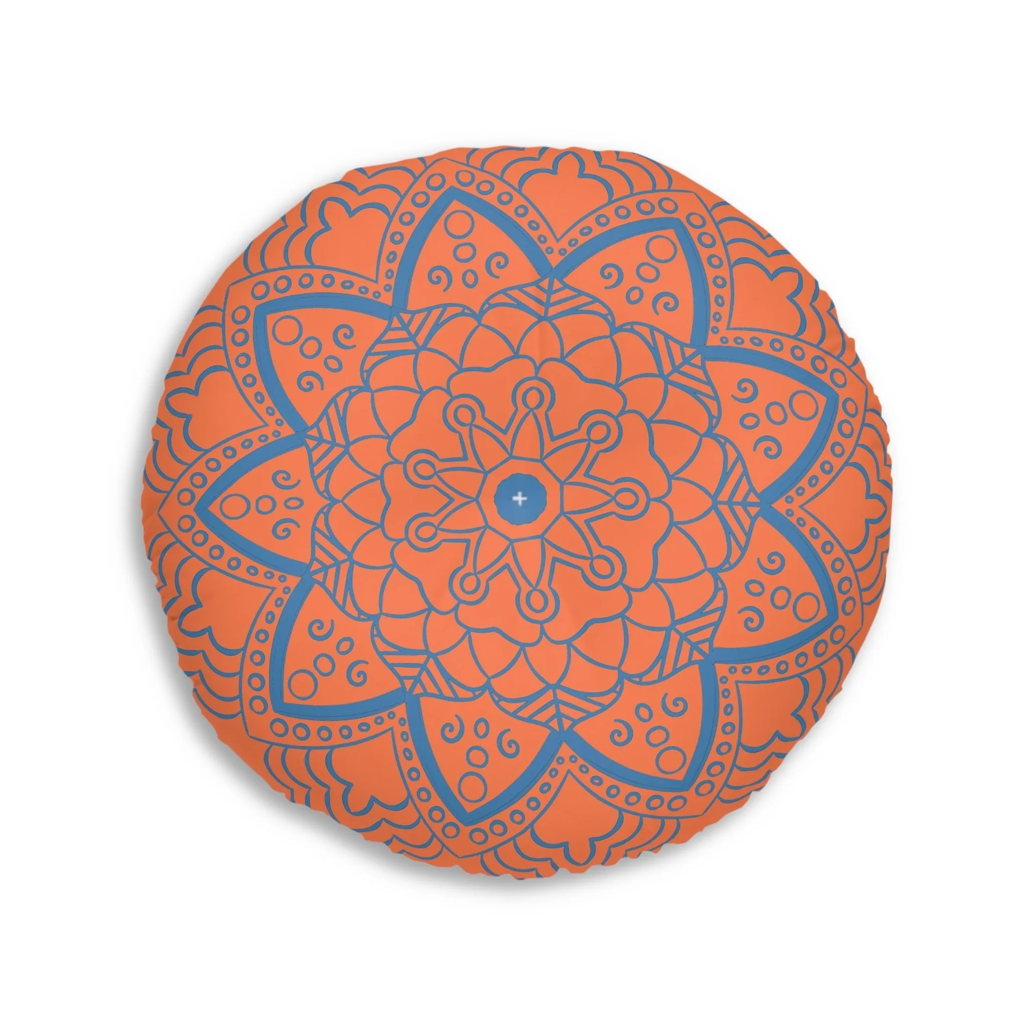 Handmade Mandala Art Floor Cushion - Steel Blue on Coral - Round