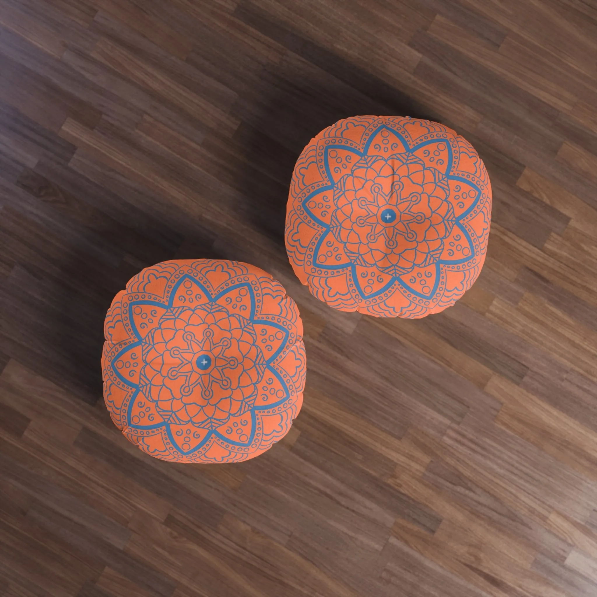 Handmade Mandala Art Floor Cushion - Steel Blue on Coral - Round